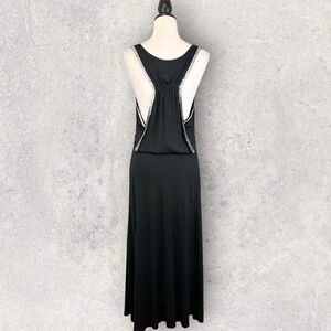 Maloom Black Maxi Dress Jersey Knit Draped Racerback Rhinestone Trim Size 6